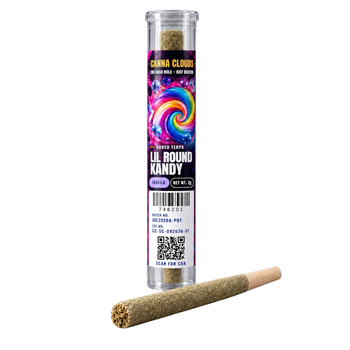 Canna Clouds CBD Hash Hole Kief Dusted Pre-Roll - Lil Round Kandy Indica, 2g